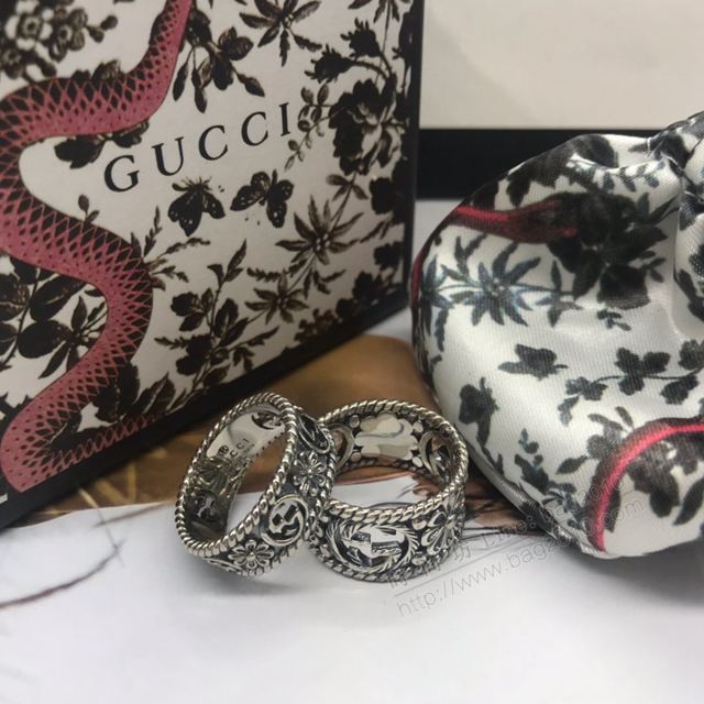 GUCCi飾品 古馳寬版925銀鏤空時尚個性花紋圖案日韓情侶戒 Gucci鏤空戒指  zgbq1168